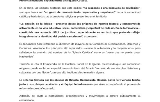 Los Obispos de Santa Fe piden incluir a la Iglesia Católica en la reforma constitucional
